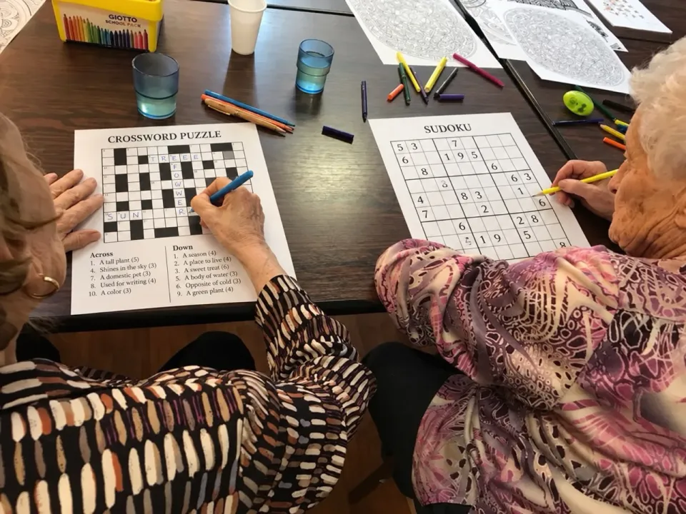 Deux personnes âgées font des mots croisés et un sudoku autour d’une table.